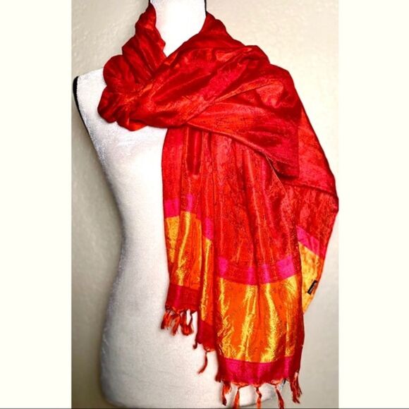 Accessories - Vibrant Pure Silk Indian Print & Embroidered Scarf with Fringe